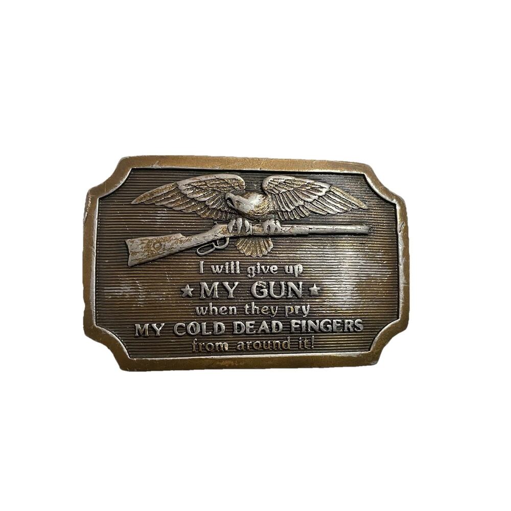 VINTAGE 1977 Indiana Metal Craft Brass "I Will Give Up My Gun" Belt Buckle